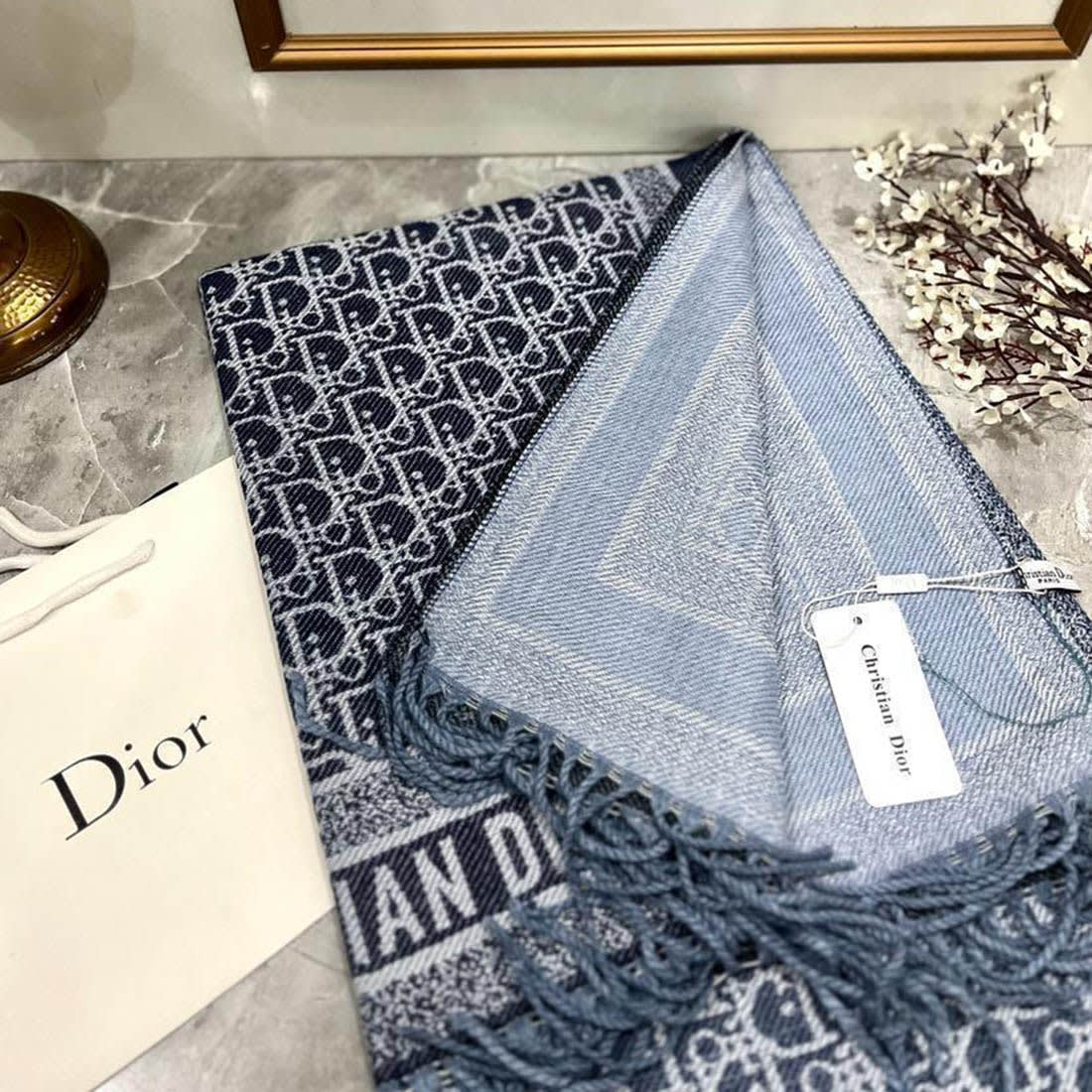 Christian Dior Oblique Blue Silk Stole-0