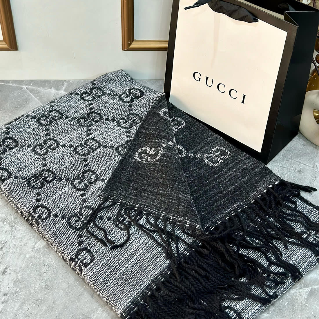 Gucci GG Monogram Bee Warm Grey & Black Woolen Stole-0