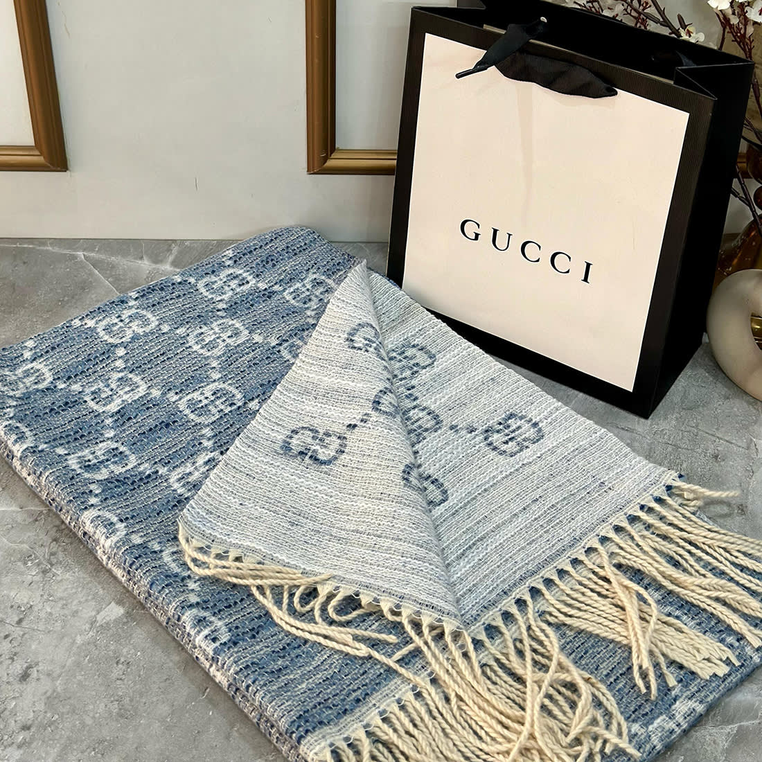 Gucci GG Monogram Bee Warm Blue Woolen Stole-0
