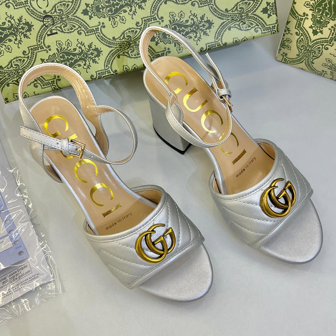 Gucci Marmont Silver Mid High Heel Sandals-0