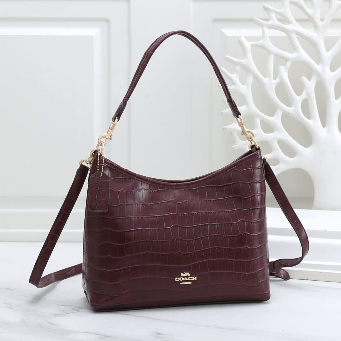 Coach Crocodile Embossed Wine Hobo Bag-0