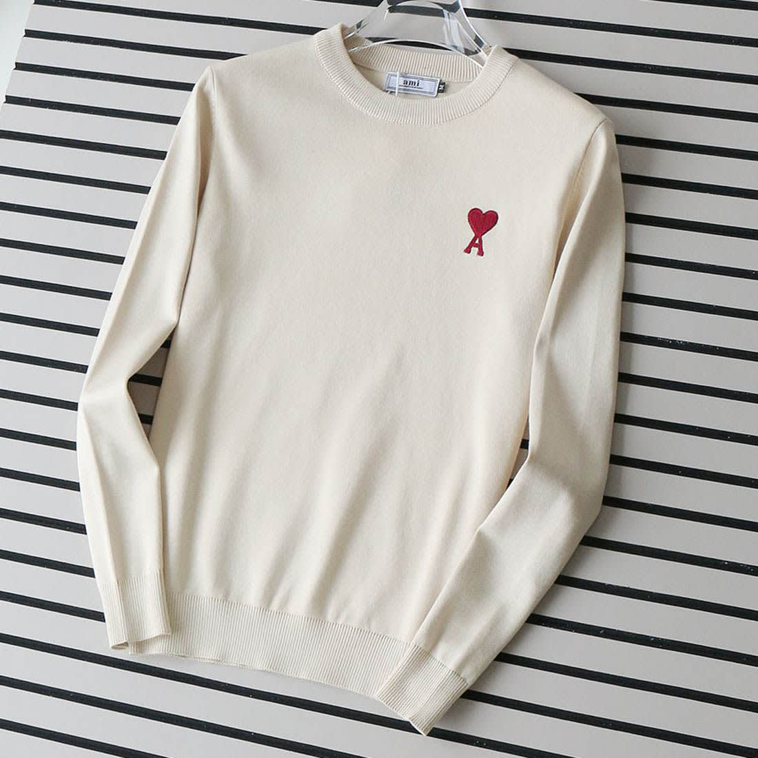Ami Paris Ami De Cœur Cream Crewneck Pullover-0
