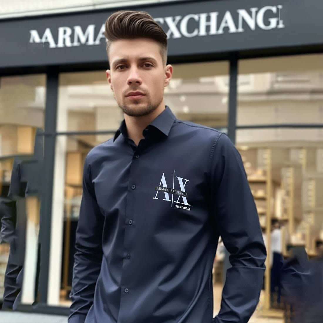 Armani Exchange Men's Mixmag Regular Fit Navy Blue Cotton Shirt-0