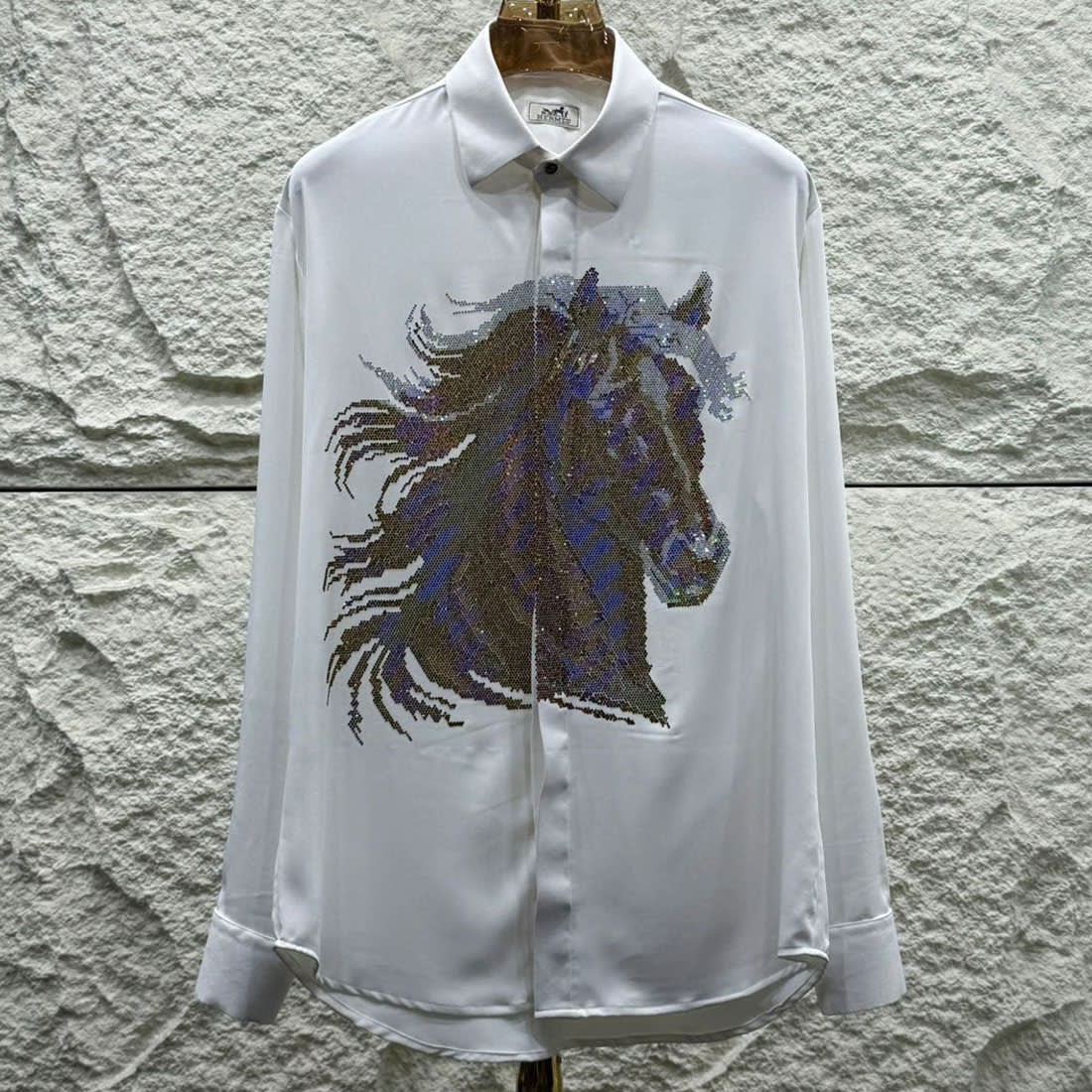 Hermès Crystal-Embroidery Horse Logo White Premium Shirt-1