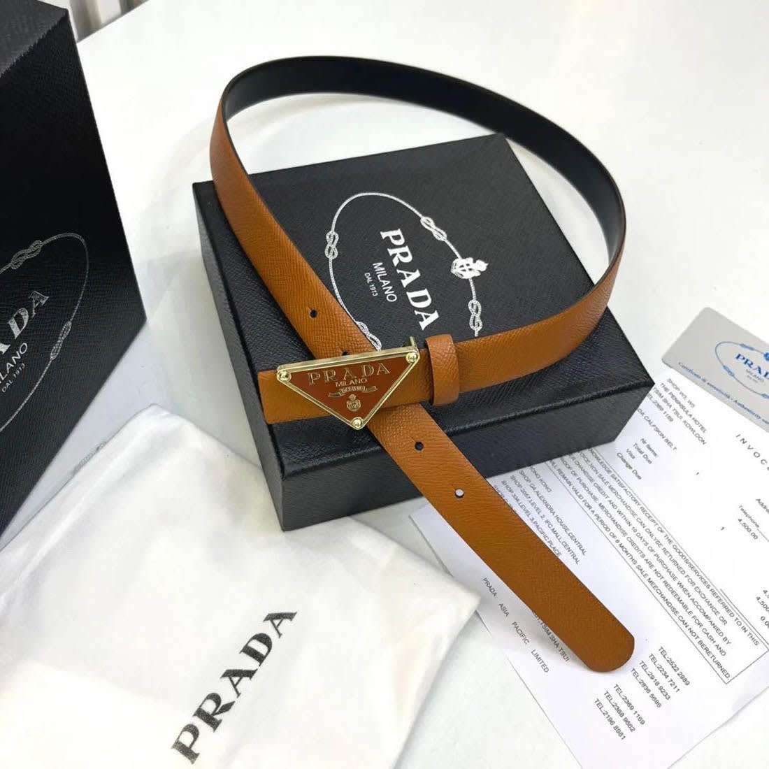 Prada Milano Brown Triangle Beige Belt-0