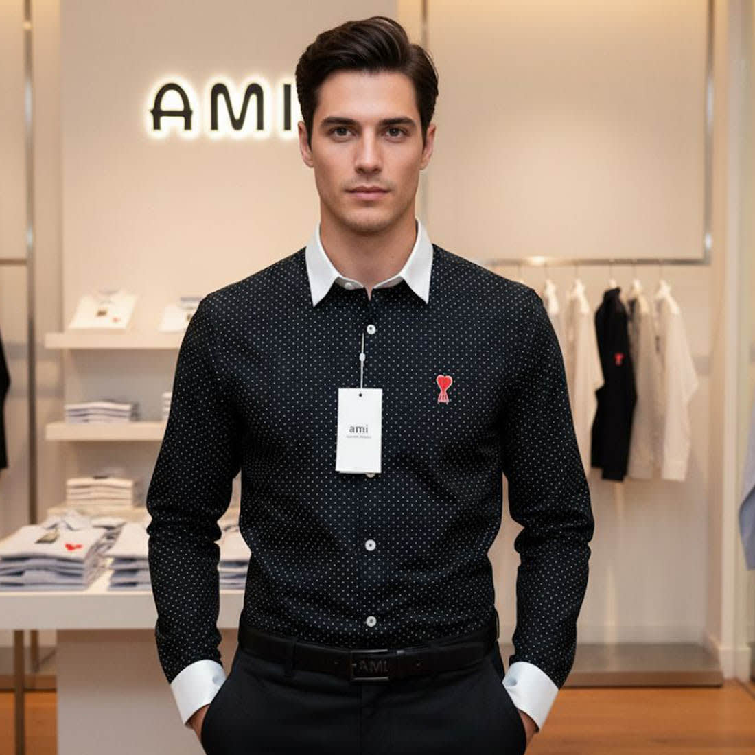 Ami Paris Heart Logo Black Striped Shirt-0