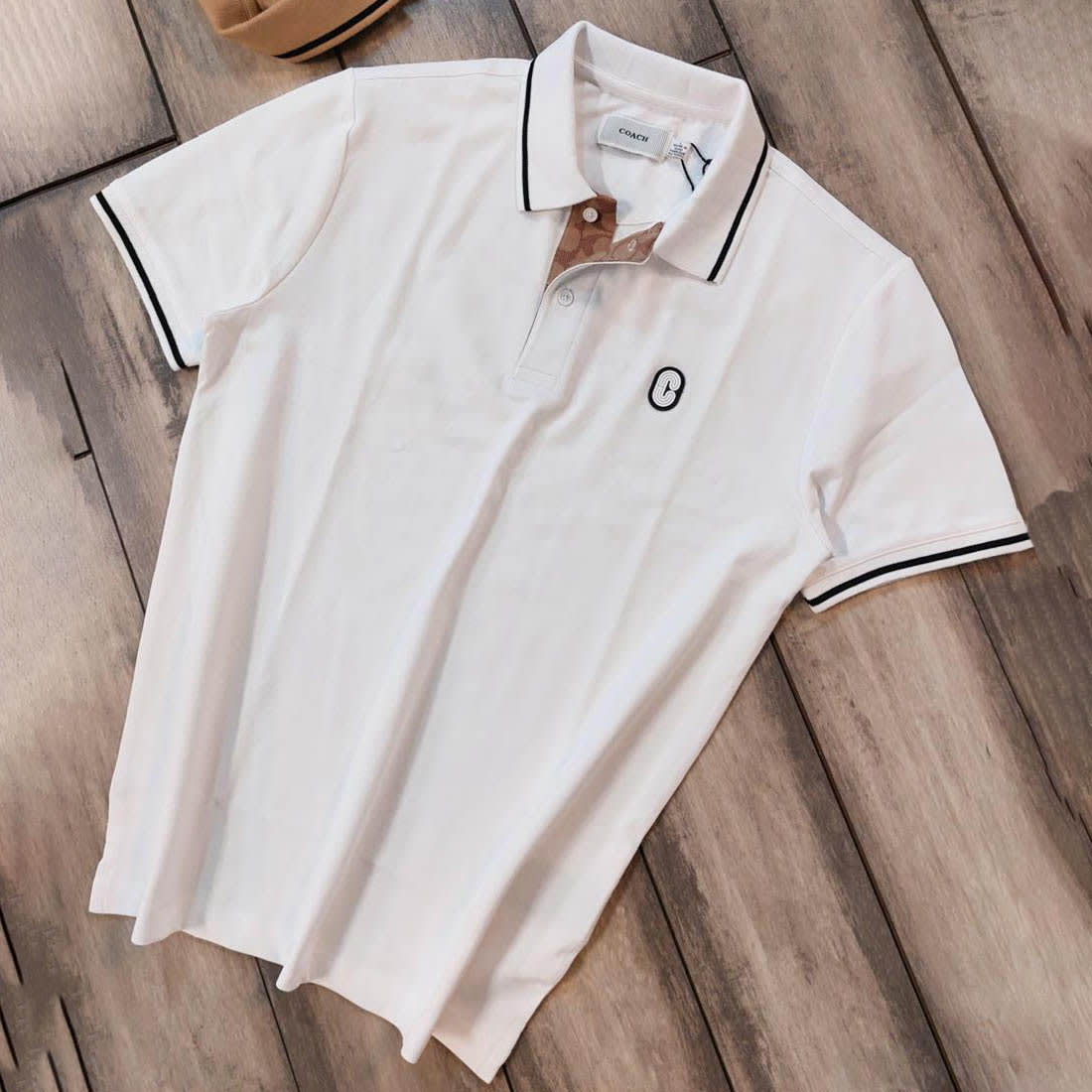 Coach Embroidered logo Striped Pique White Polo T-shirt-2