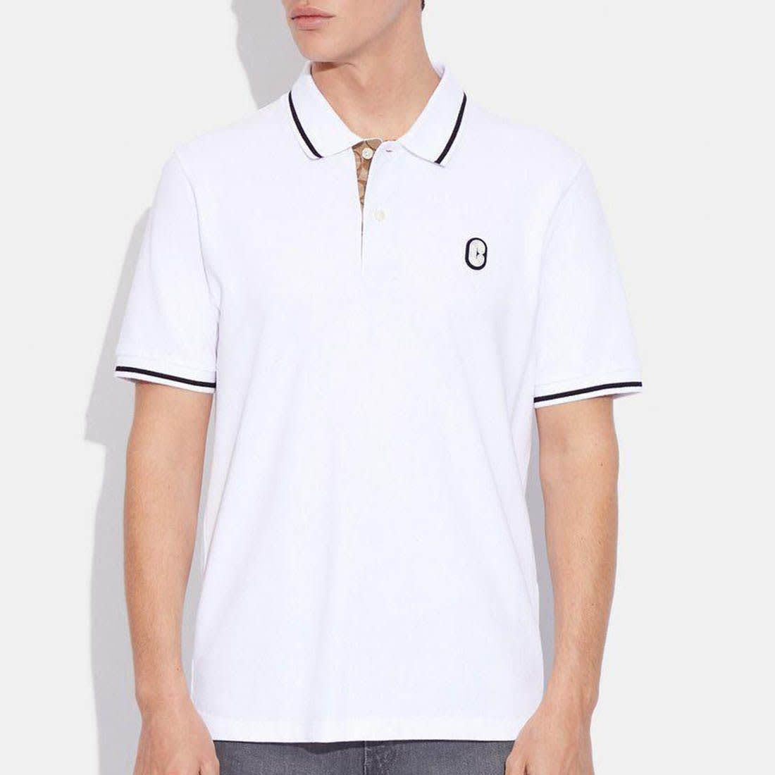 Coach Embroidered logo Striped Pique White Polo T-shirt-0