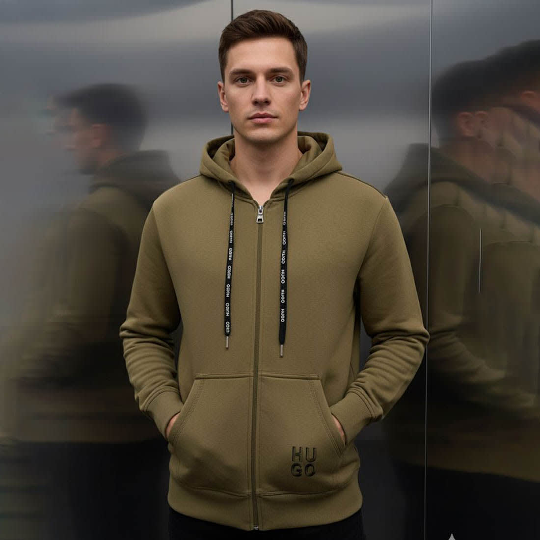 Hugo Brown Embroidered Regular Fit Hoodie-1