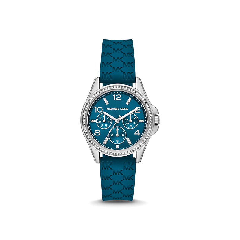 Michael Kors Mini Pilot Pavé Silver-Tone and Logo Silicone Watch in TEAL MKO1004-0