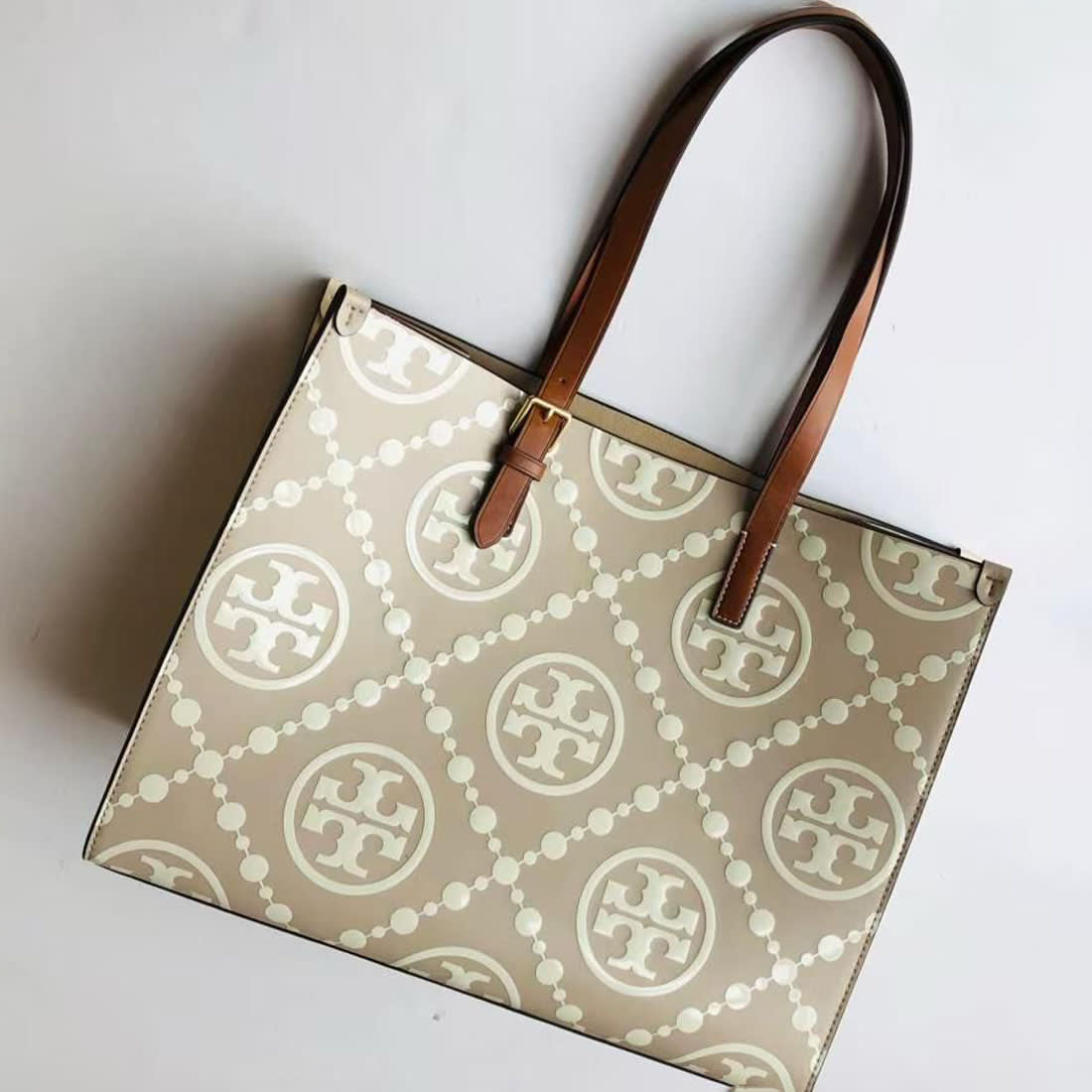 Tory Burch Monogram Cream Contrast Embossed Tote Bag-0