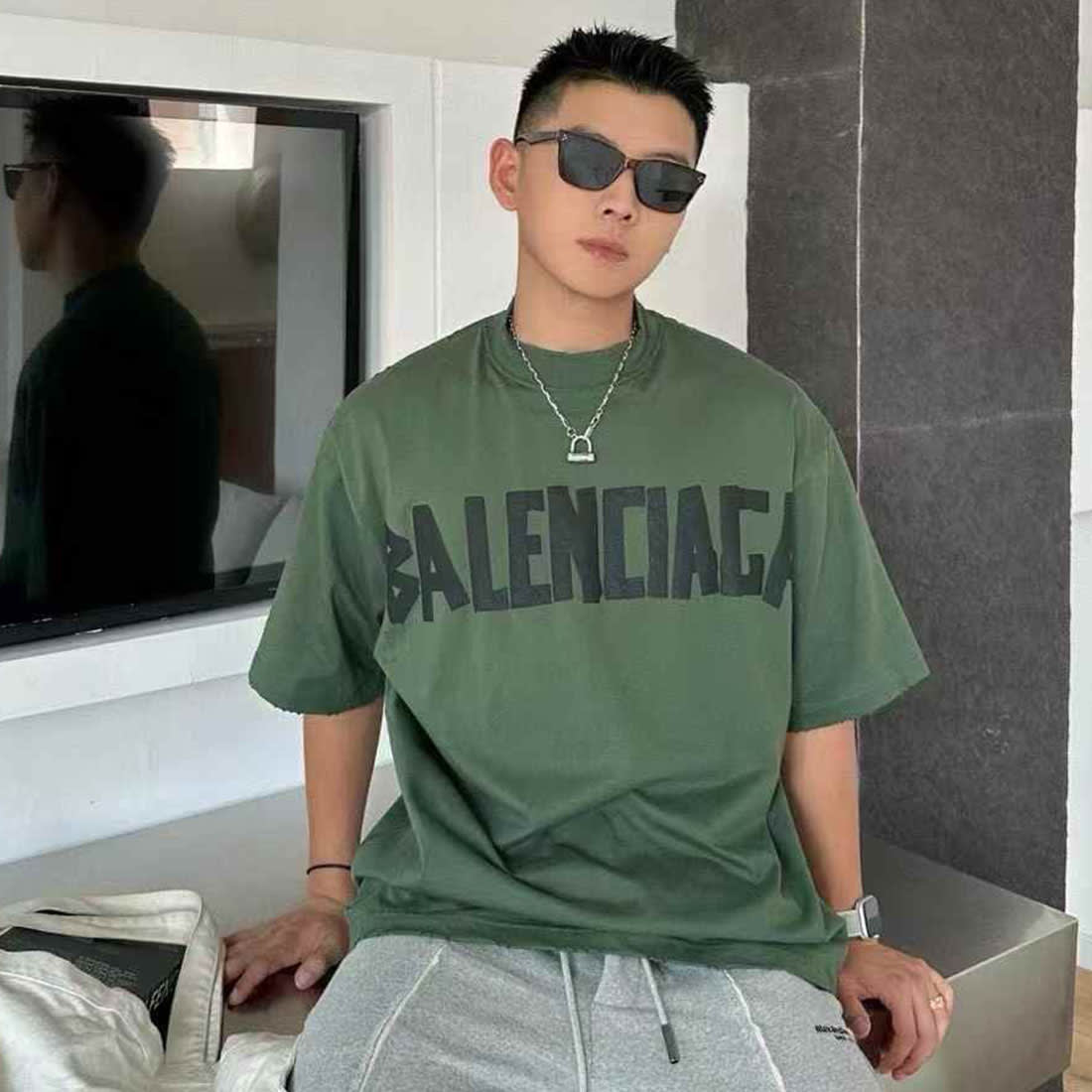 Balenciaga Green Premium Quality Baggy Fit T-shirt-0