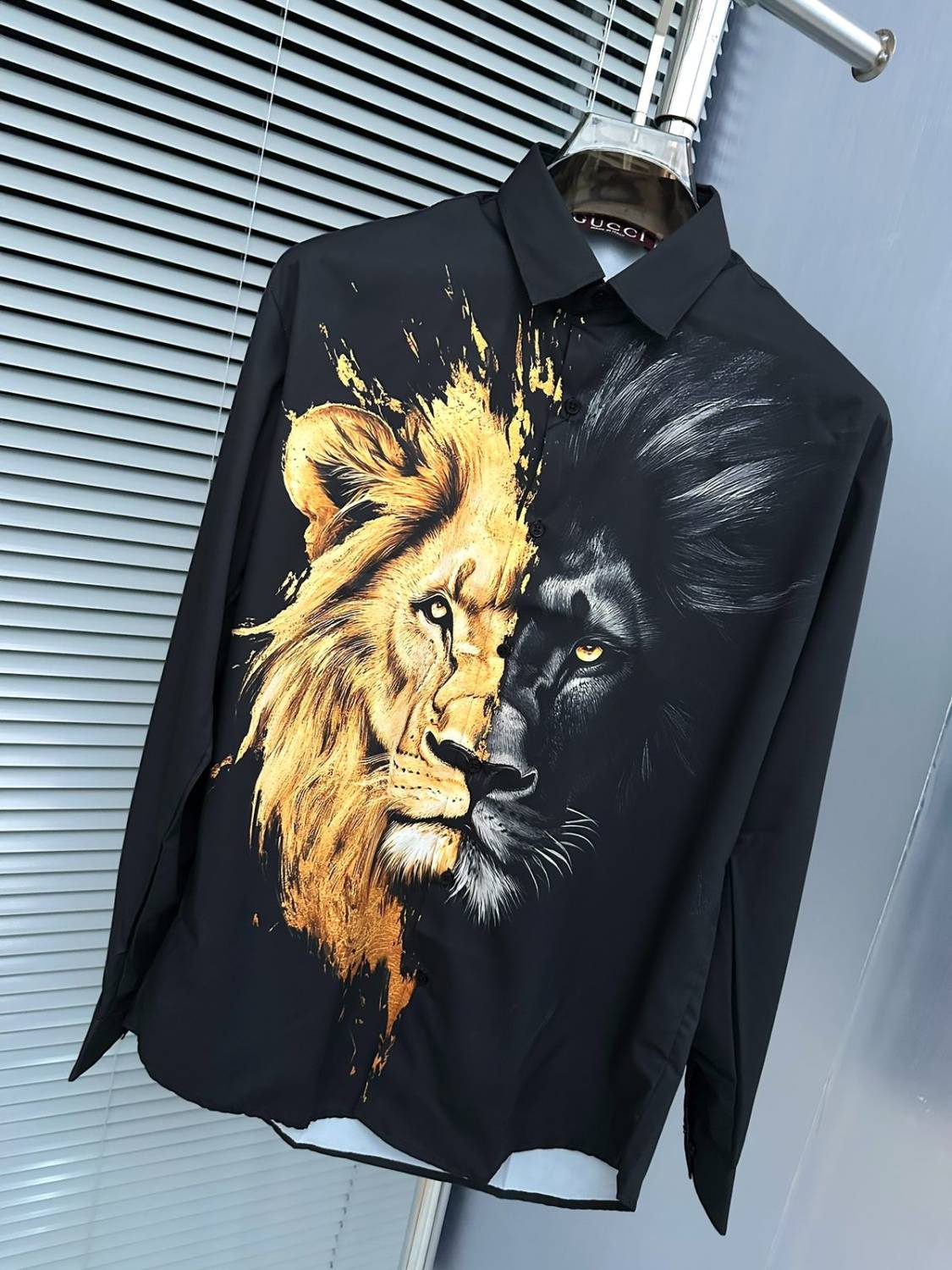 Gucci Lion Print Black Premium Quality Cotton Shirt-2