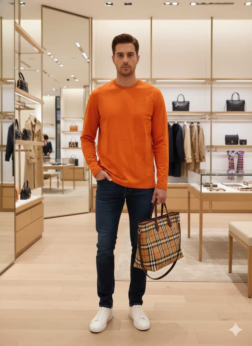 Burberry Orange Premium Exclusive Full Sleeves Round Neck T-shirt-1