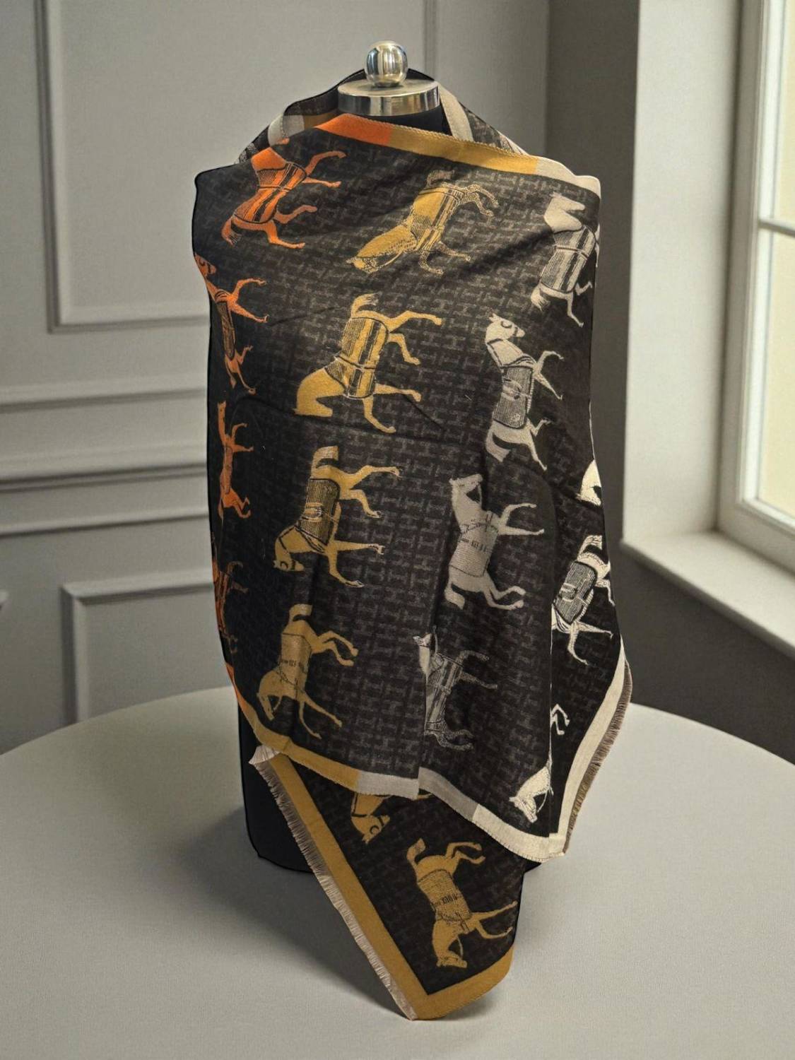 Hermes Premium Quality Black Horse Print Silk Stole-1