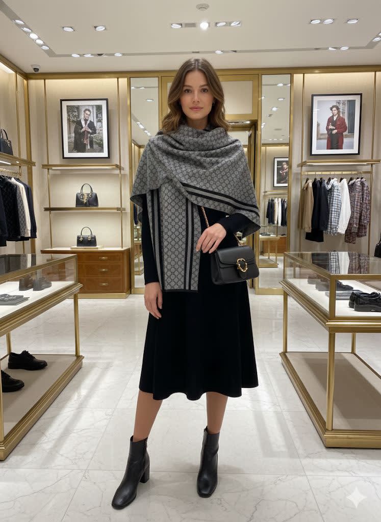 Gucci GG Monogram Bee Warm Grey Woolen Stole-0