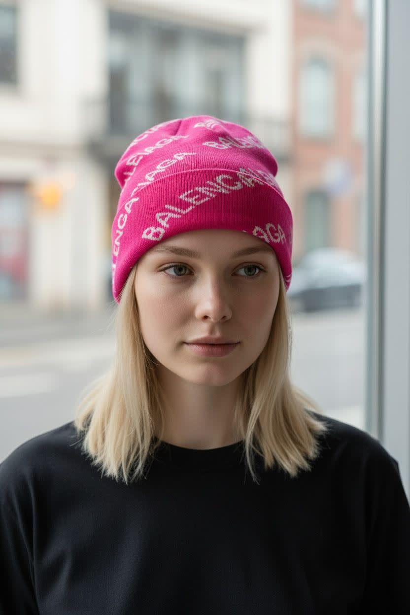 Balenciaga Monogram Pink Premium Edition Cashmere Beanie-0
