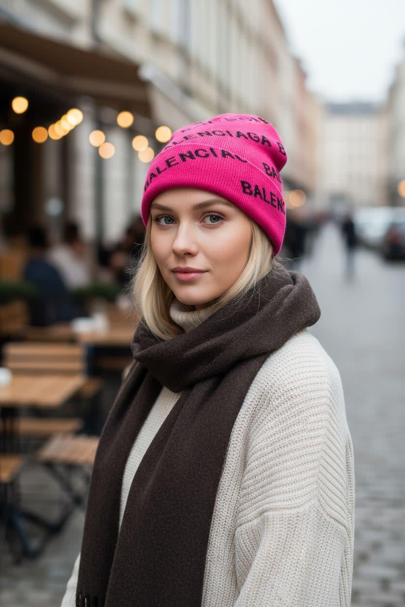 Balenciaga Monogram Pink Premium Edition Cashmere Beanie-1