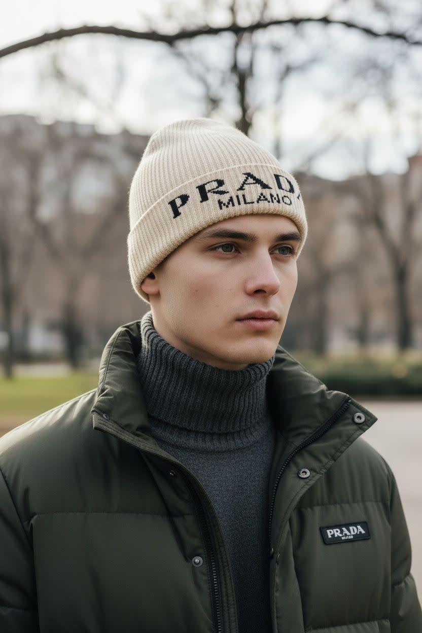 Prada Monogram Cream Premium Edition Cashmere Beanie-0