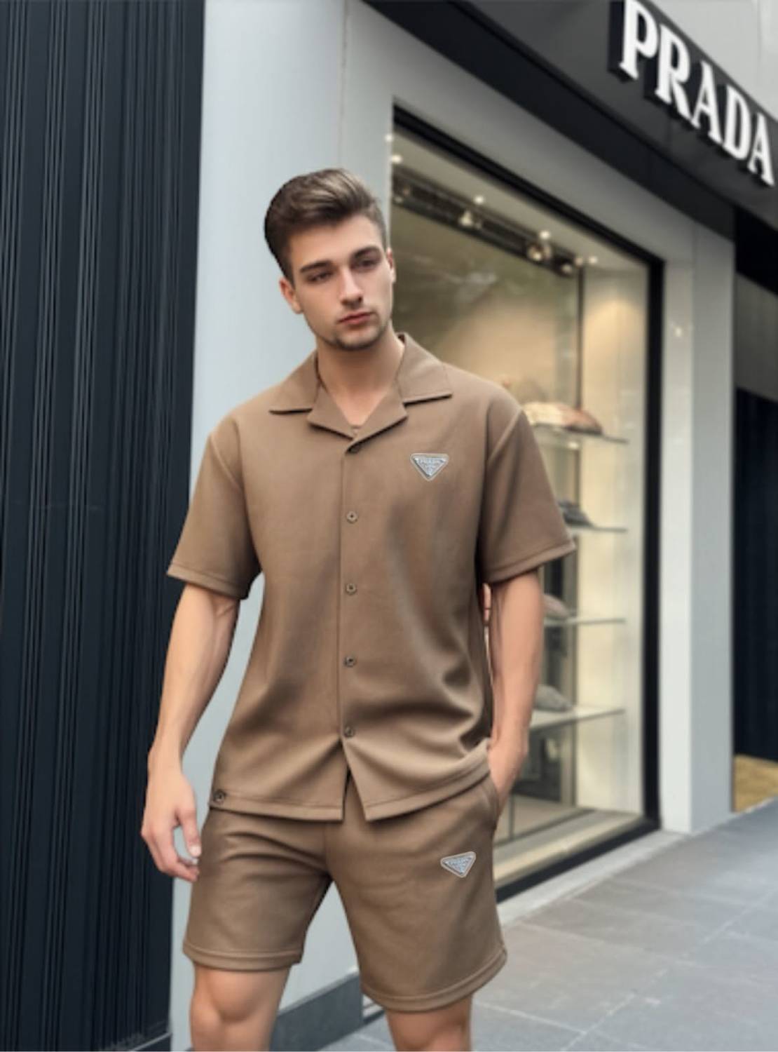 Prada Embroidered Brown Premium Shirt & Shorts Combo-0