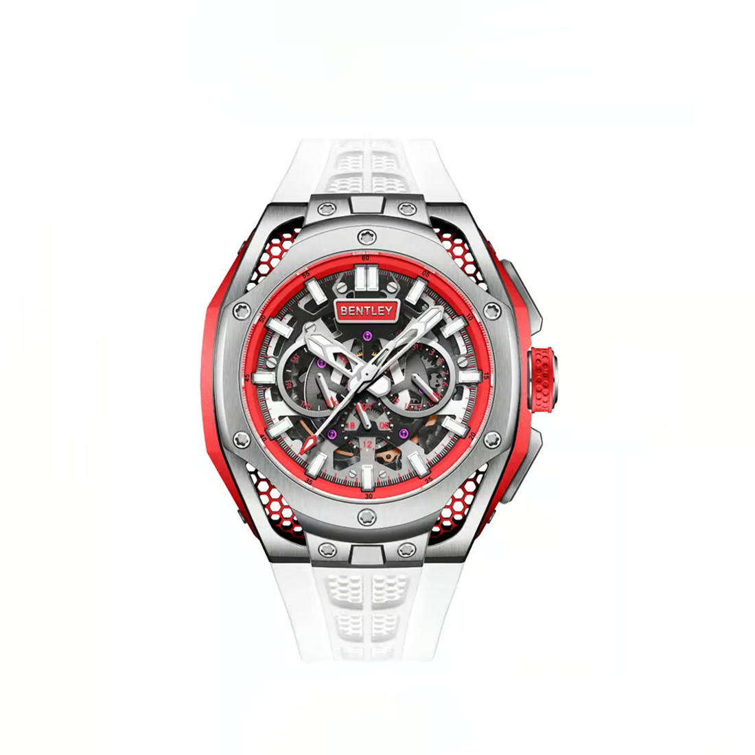 Bently The Opulence Red Accents, White Silicone Strap, Automatic Watch 54 mm BL-50-54-0