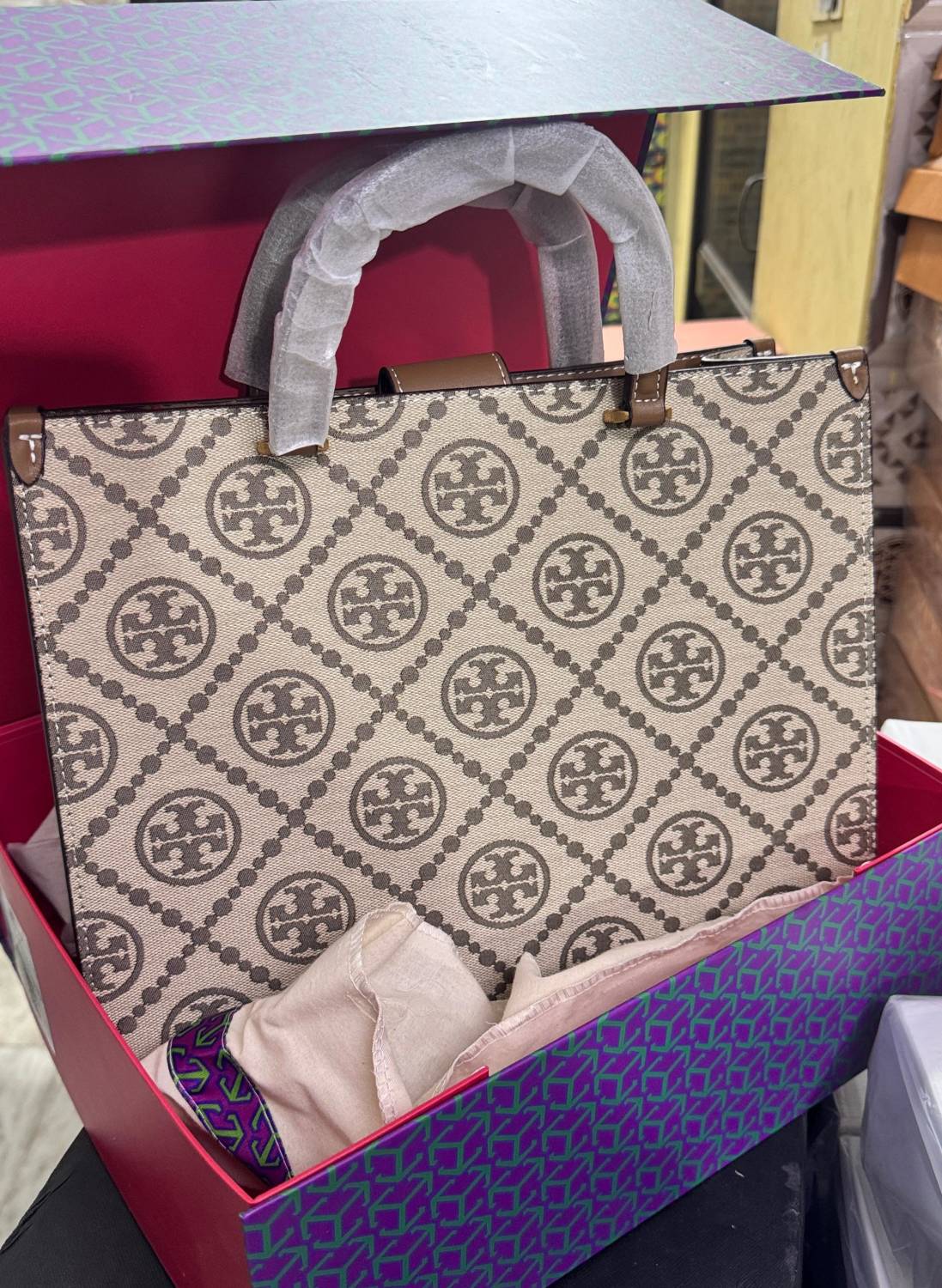 Tory Burch Monogram Beige/Brown Small Tote Bag-0