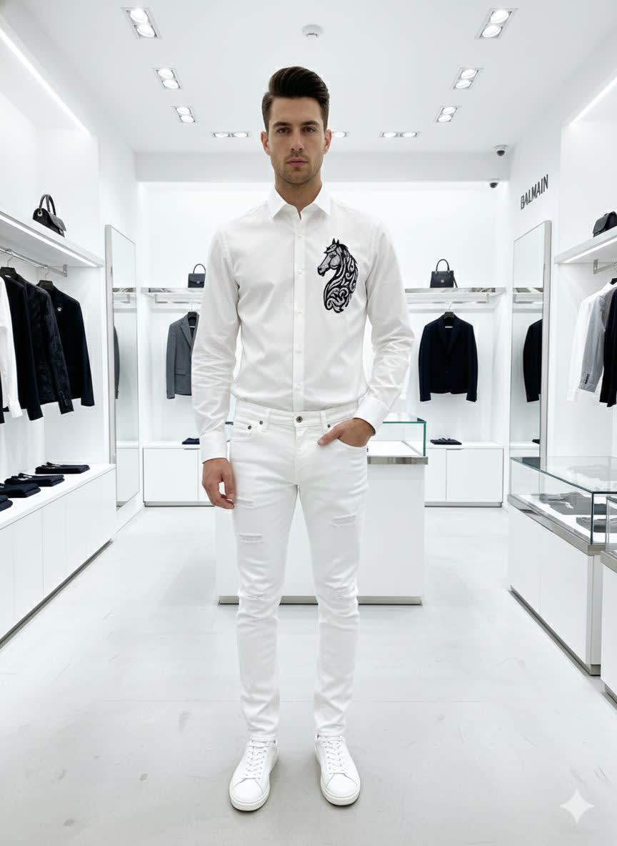 Balmain Embroidered White Horse Printed Premium Cotton Shirt-0