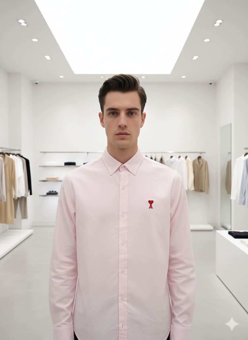 Ami Paris Heart Logo Pink Striped Shirt-0