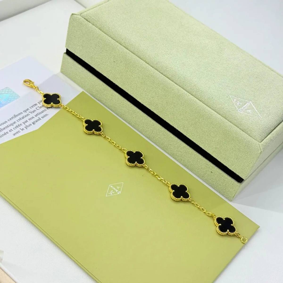Van Cleef Alhambra Black Stone Clover Gold Color Bracelet-0