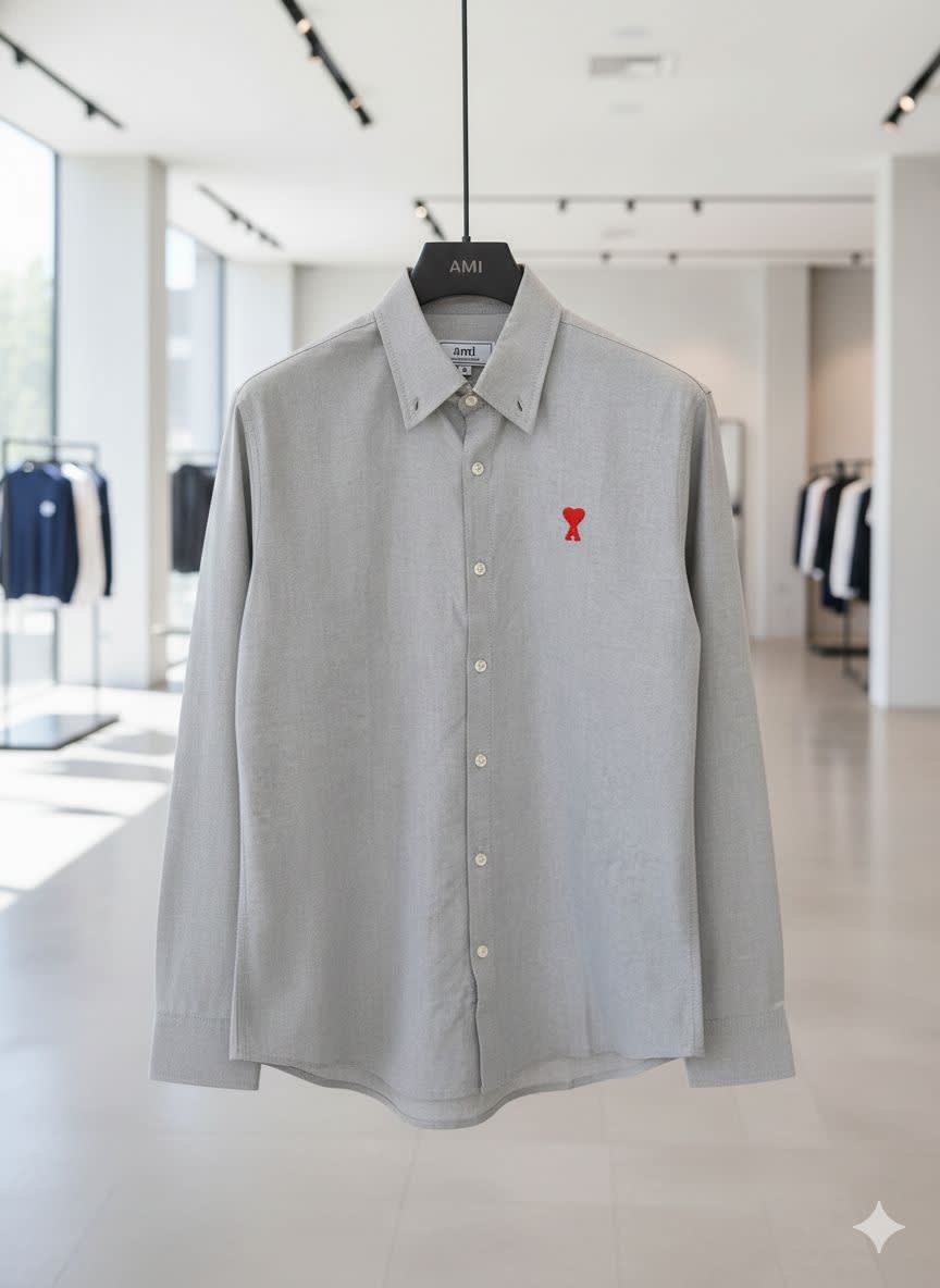 Ami Paris Heart Logo Grey Striped Shirt-0