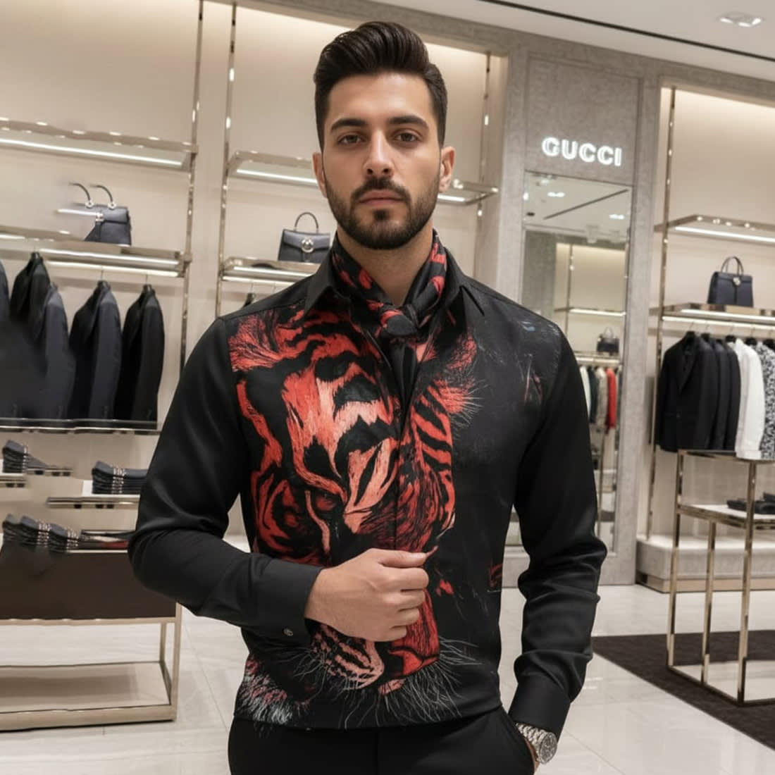 Gucci Tiger Print Black Premium Quality Cotton Shirt-0