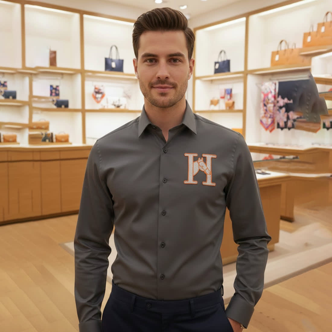 Hermès H Logo Embroidery Grey Premium Shirt-0