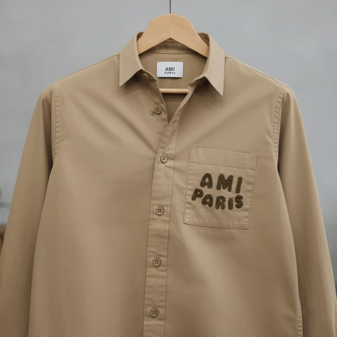 Ami Paris Embroidery Logo Beige Cotton Shirt-1