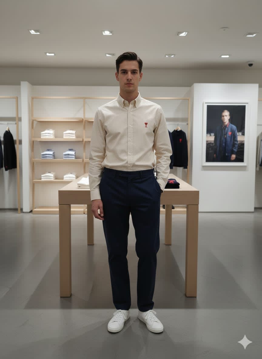 Ami Paris Heart Logo Cream Striped Shirt-1