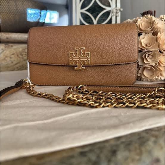 Tory Burch Britten Chain Wallet Brown Wristlet Handbag-0