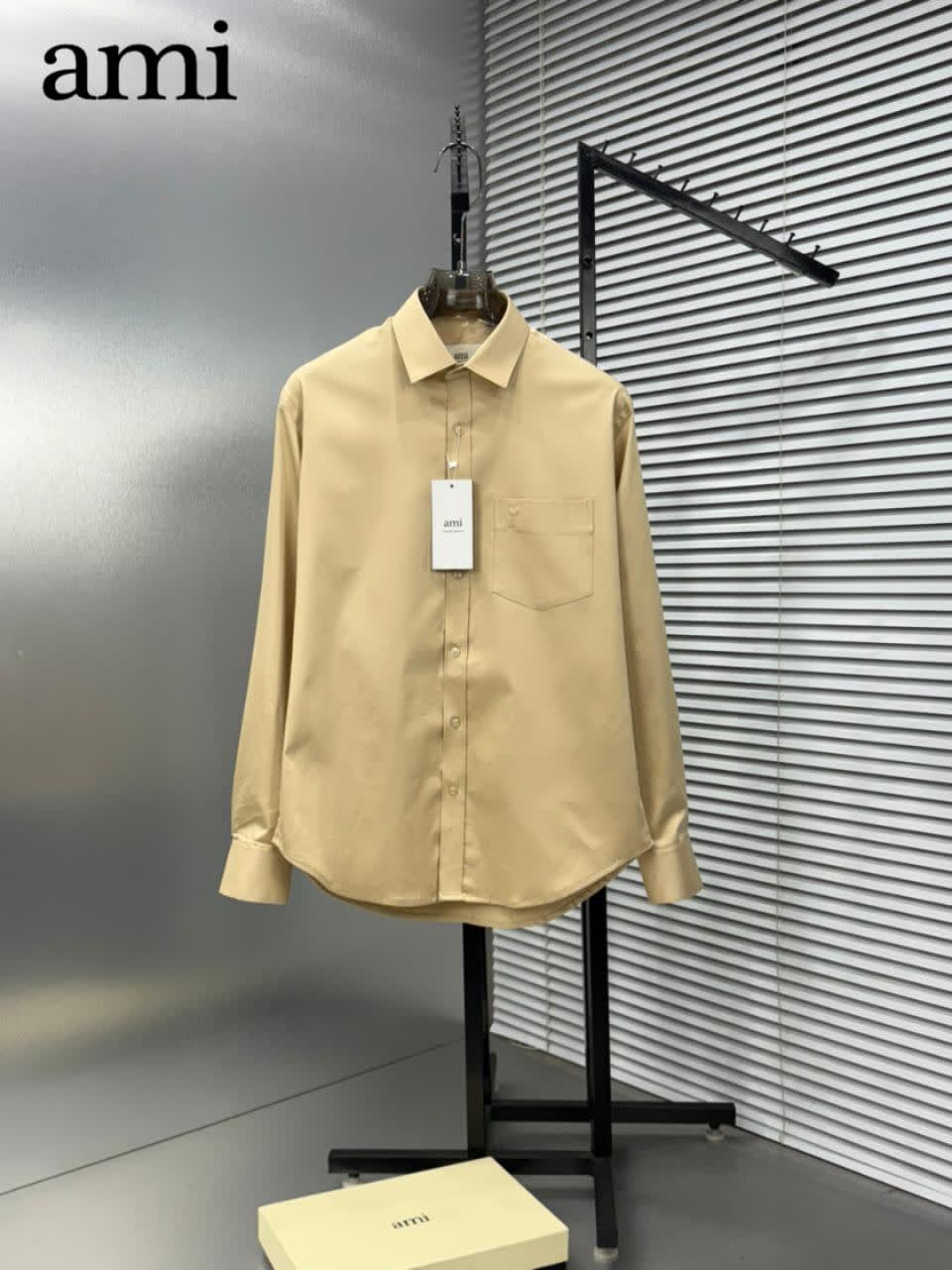 Ami Paris Heart Logo Beige Striped Shirt-0