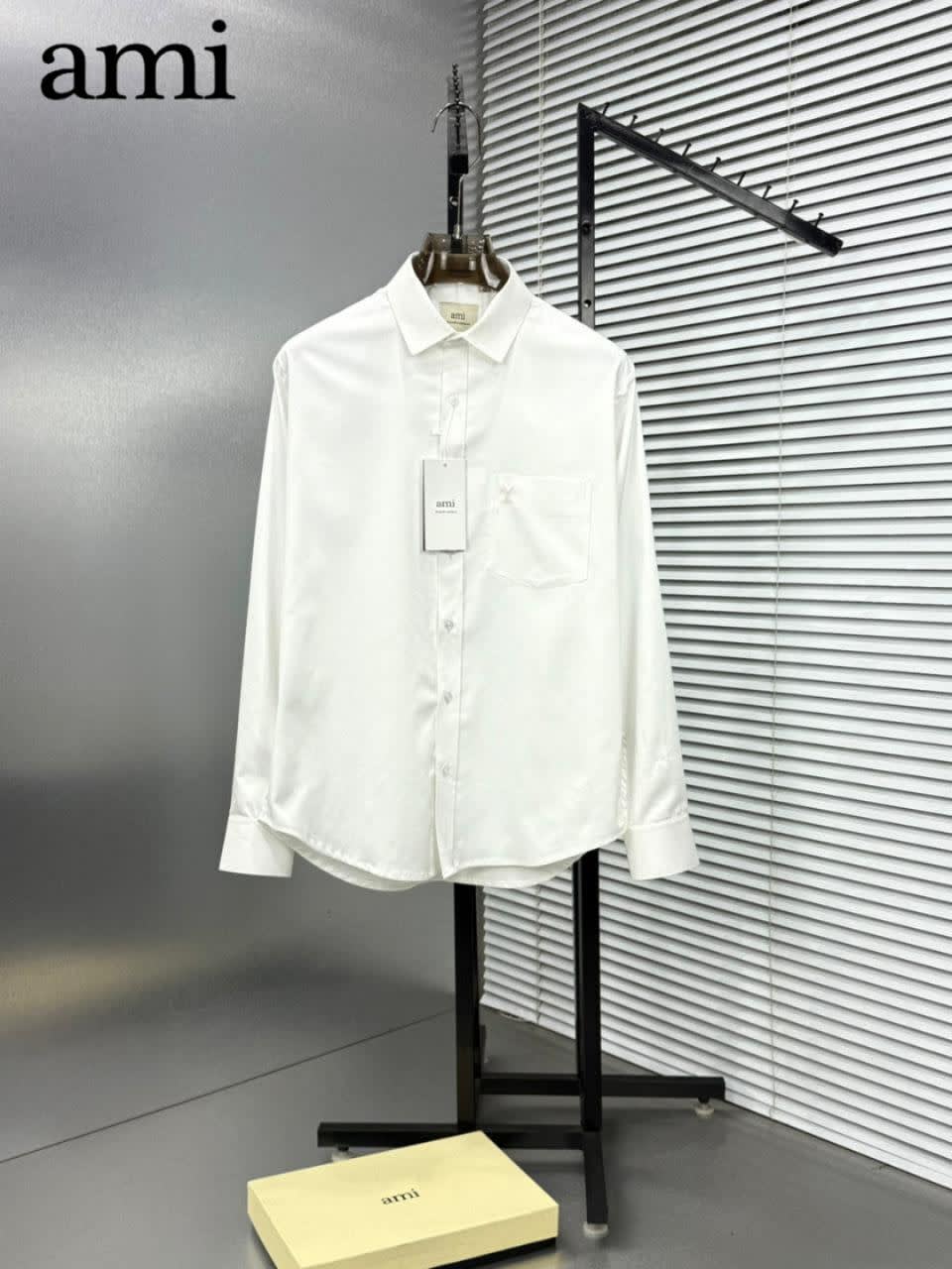 Ami Paris Heart Logo White Striped Shirt-0