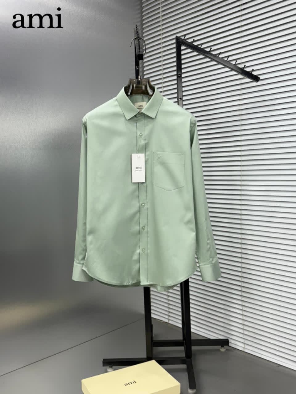 Ami Paris Heart Logo Light Green Striped Shirt-0