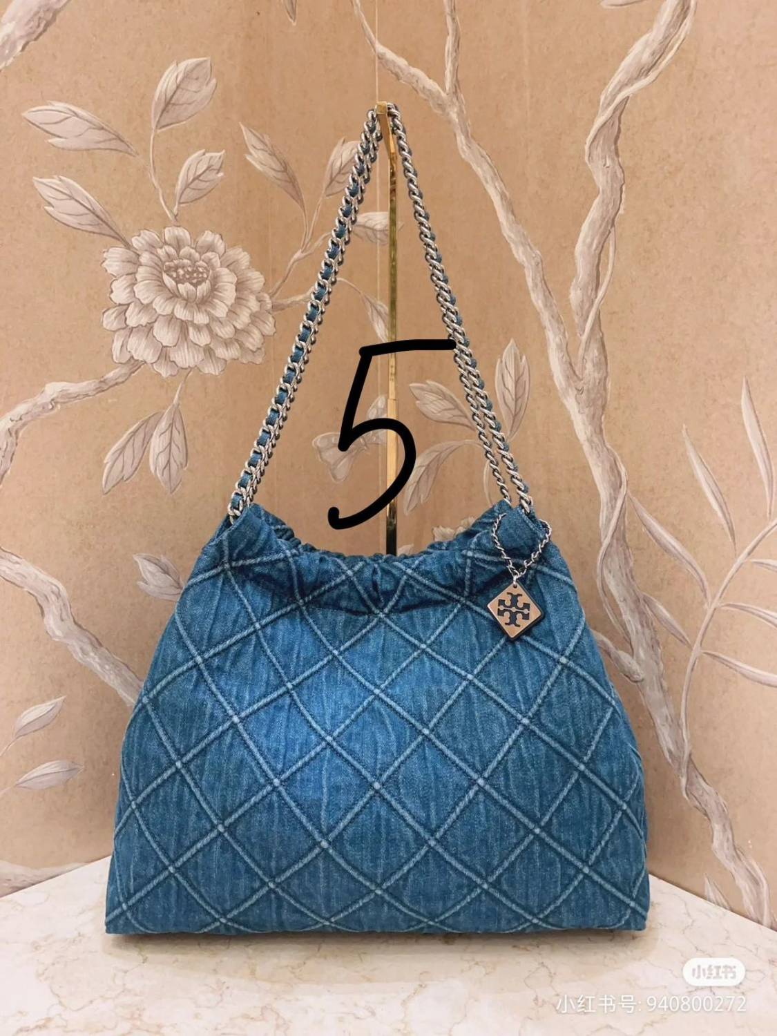 Tory Burch Fleming Blue Denim Satchel Tote Bag-1