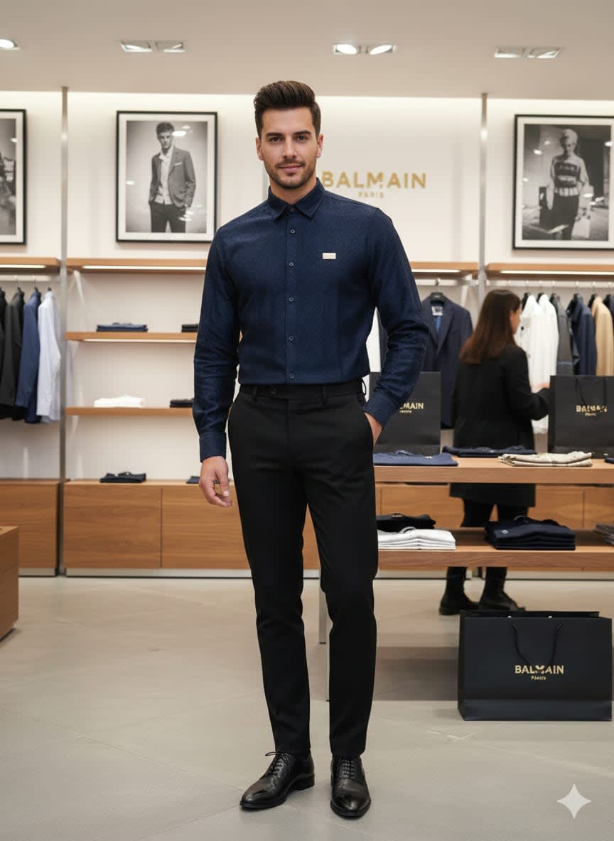 Balmain Embroidered Blue Premium Cotton Shirt-0