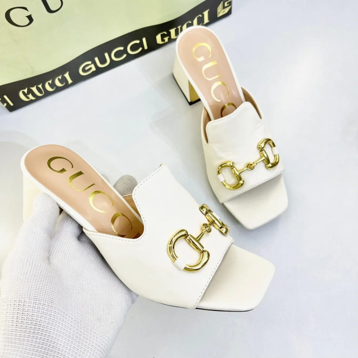 Gucci White Leather Premium Quality Heel Sandals-0