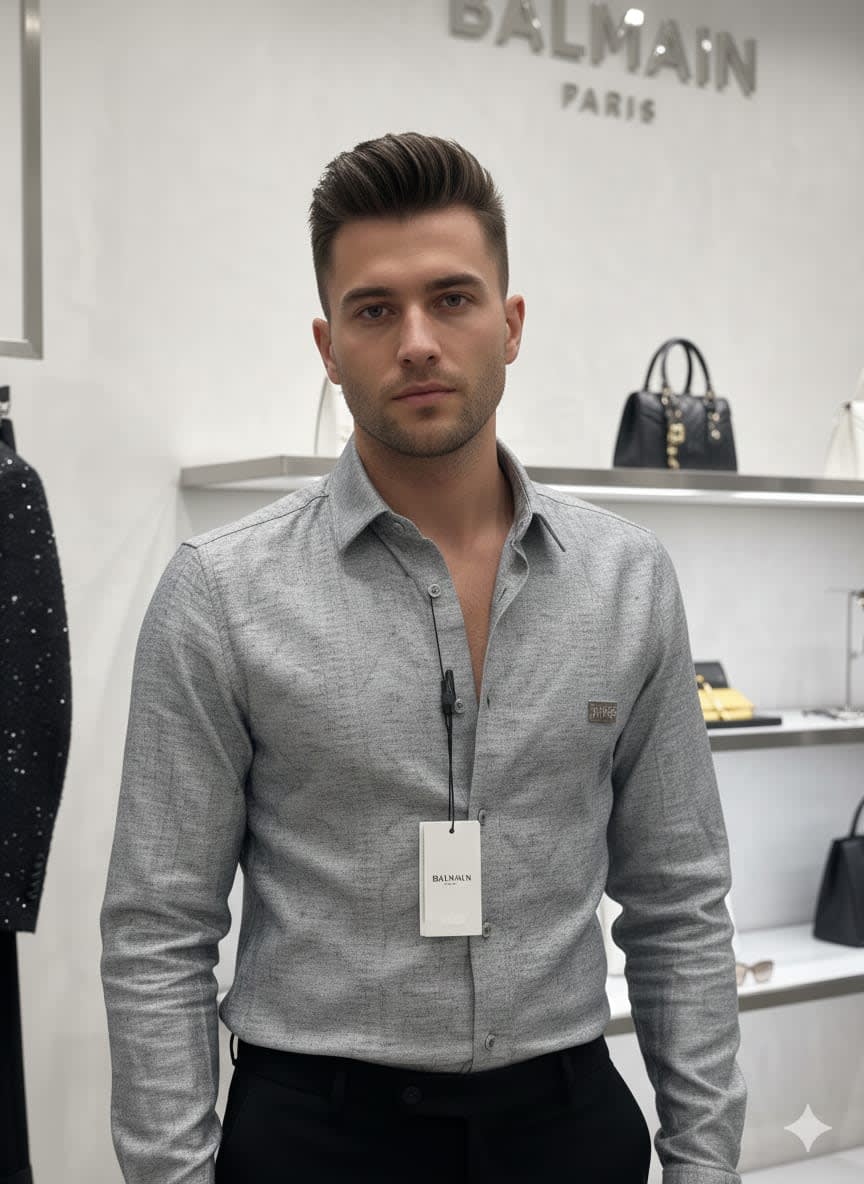 Balmain Embroidered Grey Premium Cotton Shirt-0