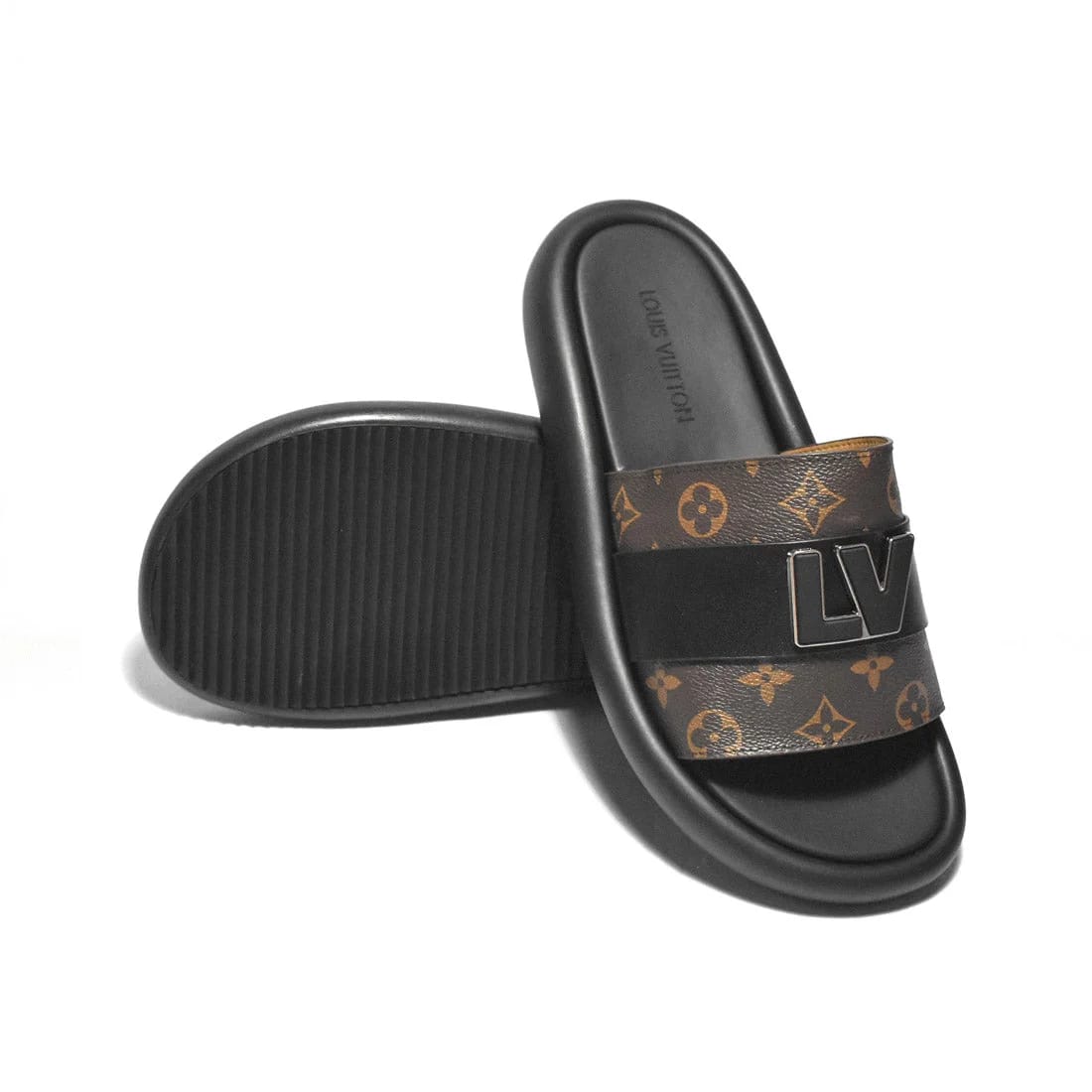 Louis Vuitton Brown & Black Premium Quality Men's Logo Flip-flops-6