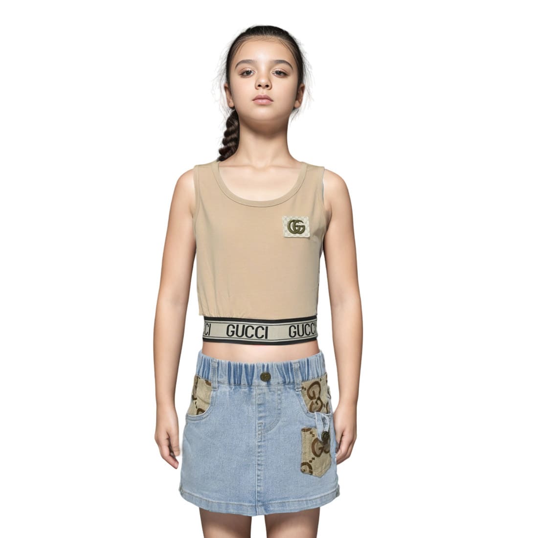 Gucci Brown Embossed Logo Premium Girls Co-ord Set-0