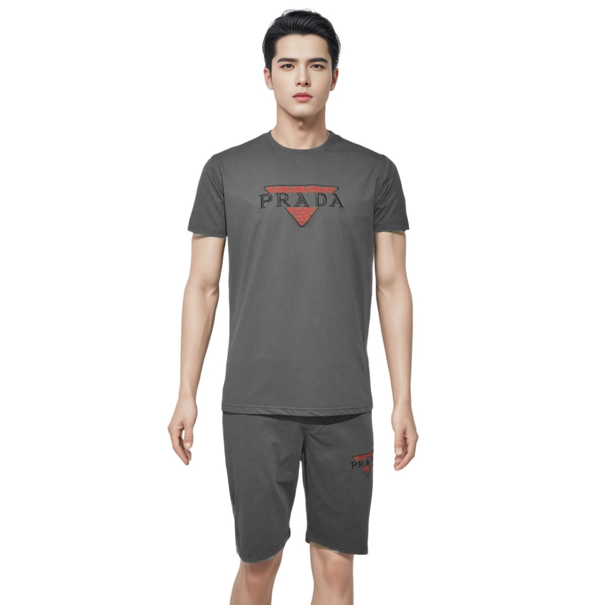 Prada Embroidered Grey Premium T-shirt & Shorts Combo-0