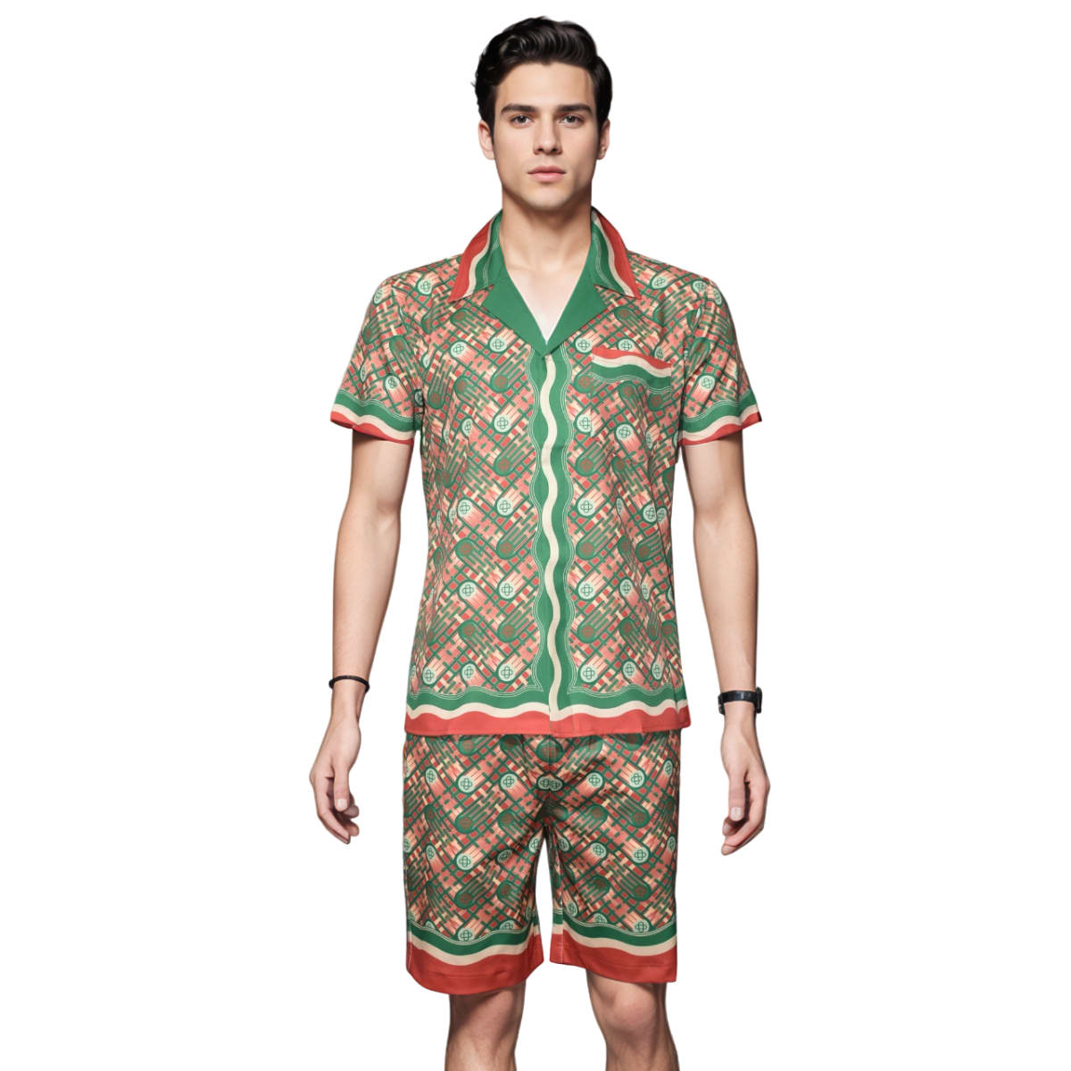 Casablanca Paris Red & Green Mens Shirt & Shorts Combo-0