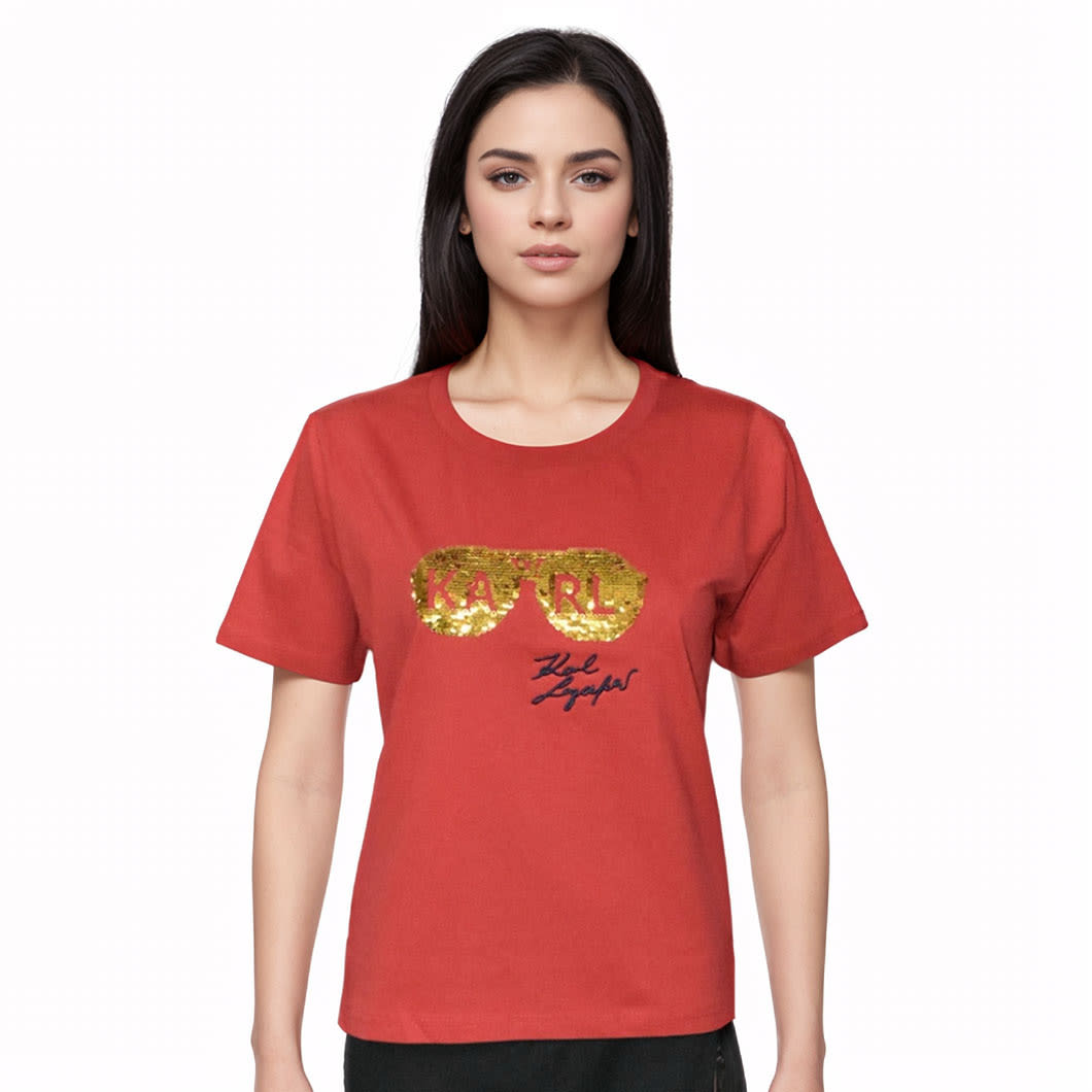 Karl Lagerfeld Red Premium Quality Women T-shirt-0