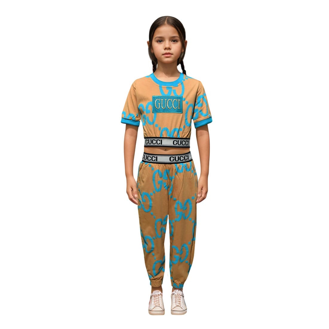 Gucci Printed Embroidered logo Brown Girls Co-ord Set-0
