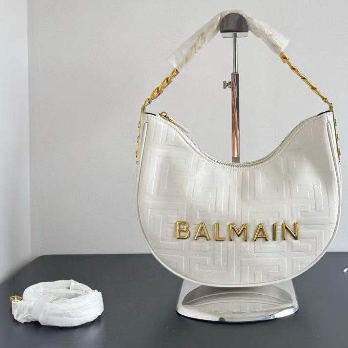 Balmain Embossed Moon Hobo Chain White Shoulder Bag-0