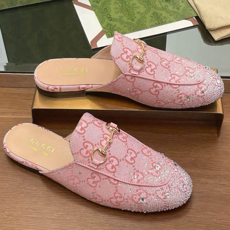 Gucci GG Women's Princetown Pink Flat Sandals with Crystal Horsebit-1